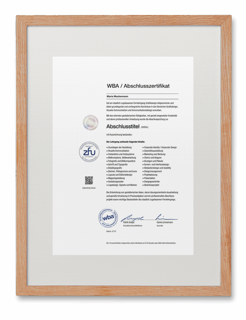 WBA-Zertifikat als Nachweis einer staatlich zugelassenen, praxisnahen Online-Weiterbildung im Bereich Design – zur beruflichen Weiterentwicklung und Bewerbung.