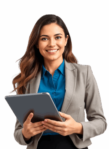Lächelnde Frau mit Tablet – symbolisiert digitale Weiterbildung im Bereich Marketing und E-Commerce.