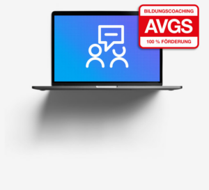Laptop mit Coaching-Symbol und AVGS-Siegel für 100 % gefördertes Bildungscaoching