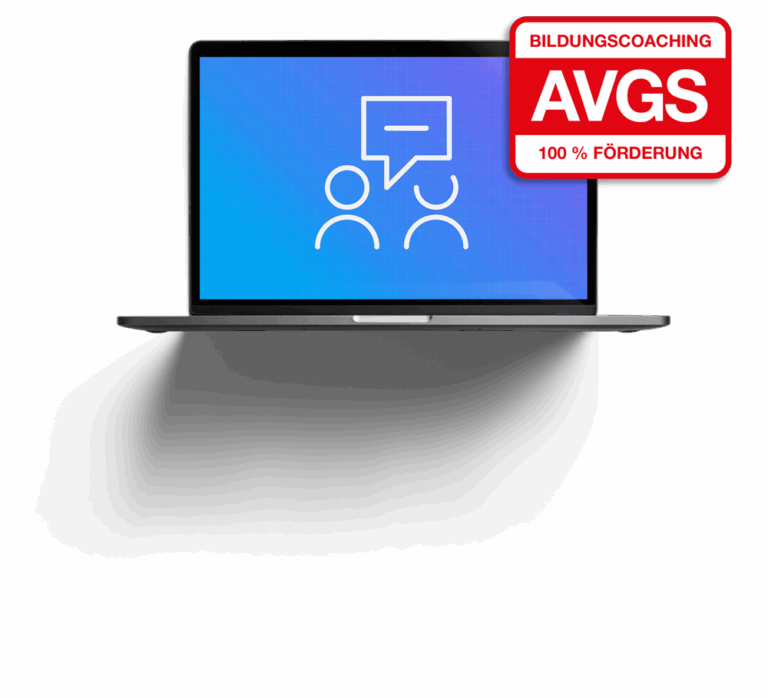 Laptop mit Coaching-Symbol und AVGS-Siegel für 100 % gefördertes Bildungscaoching