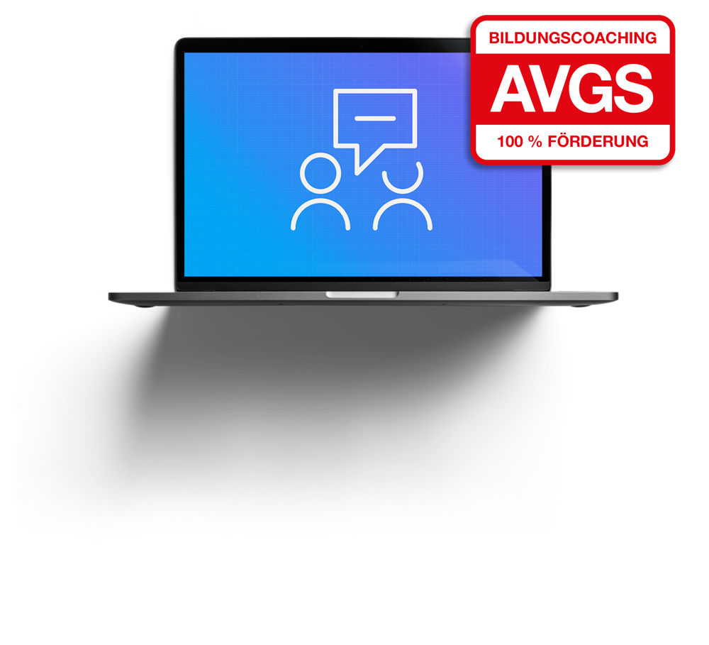Laptop mit Coaching-Symbol und AVGS-Siegel für 100 % gefördertes Bildungscaoching