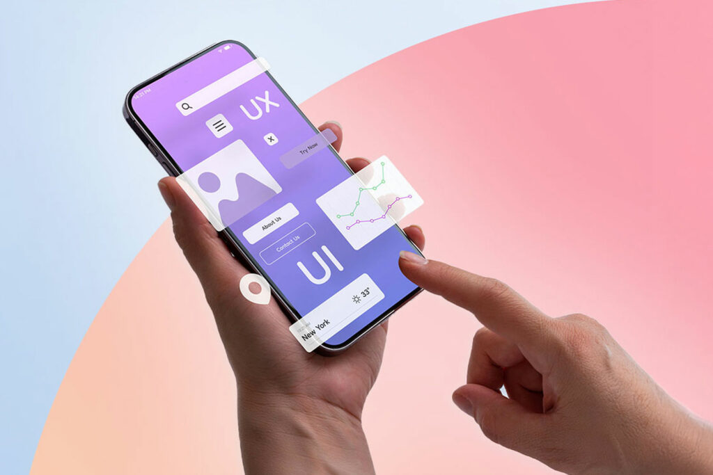 UX/UI Design online lernen – mit der Weiterbildungsagentur (WBA) Hände tippen auf Smartphone – Nutzerinteraktion im Fokus von UX/UI Design