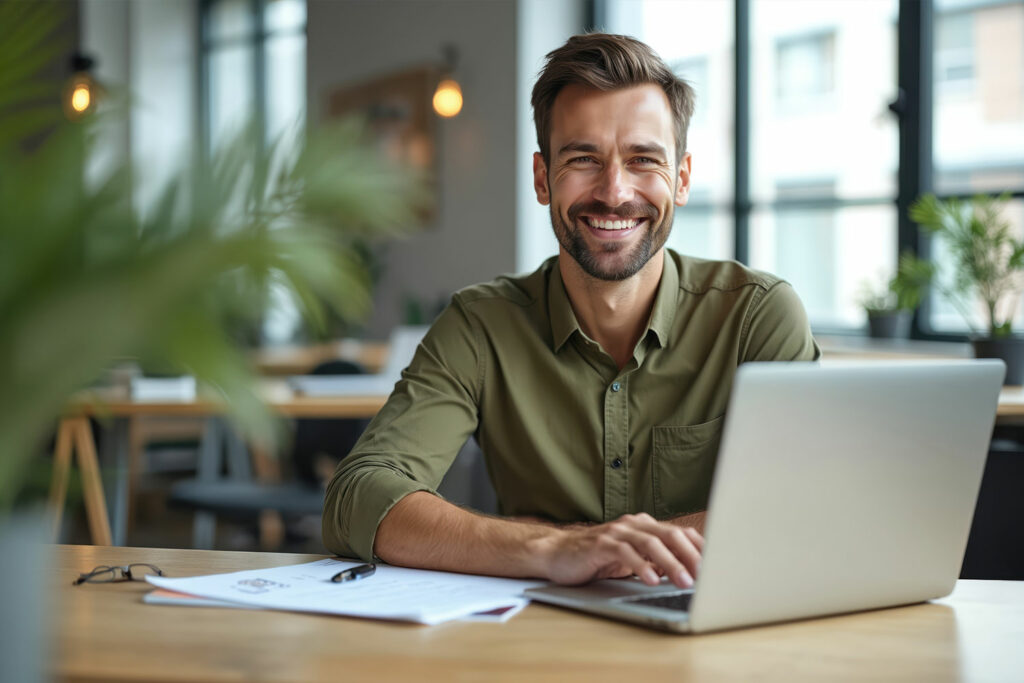 Ein Mann am Notebook als Symbolbild für einen Teilnehmer eines WBA Online Kurses